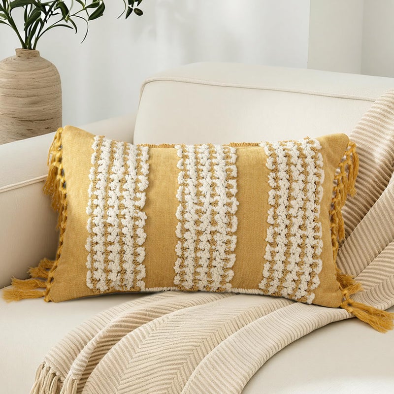 RinRinfam Mustard Yellow Boho Throw Pillow Cover 12x 20, Striped Tufted Neutral Cotton Pillow Cases,Farmhouse Rustic Bedroom Decor for Outdoor Couch Bedroom Car - Image 1