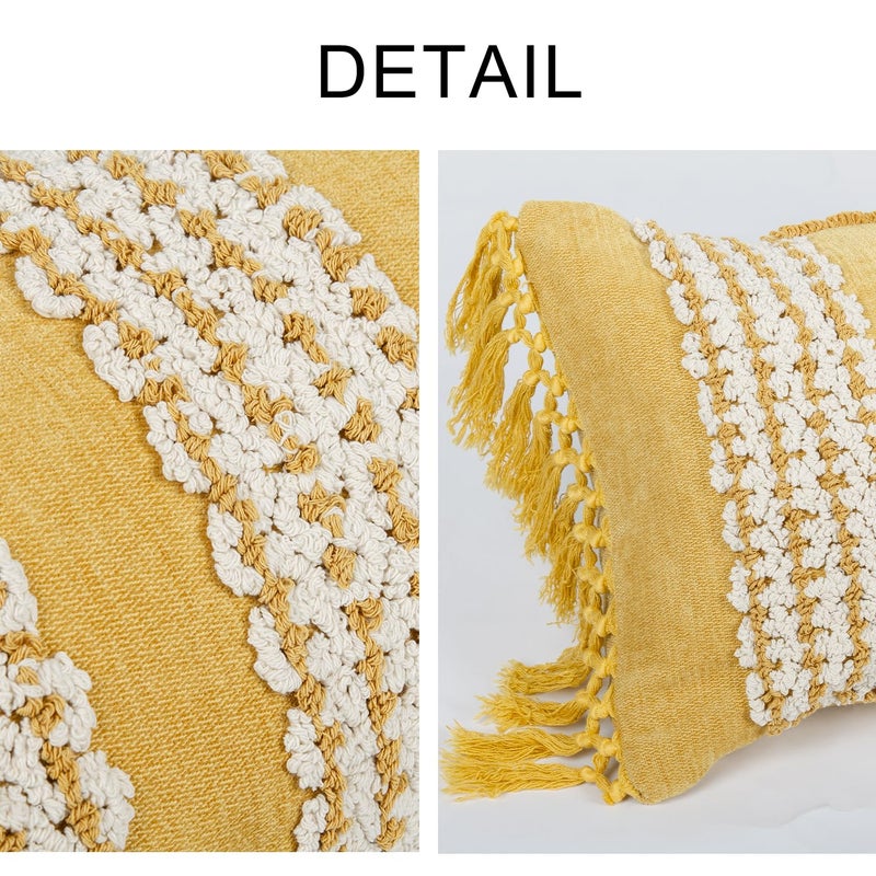 RinRinfam Mustard Yellow Boho Throw Pillow Cover 12x 20, Striped Tufted Neutral Cotton Pillow Cases,Farmhouse Rustic Bedroom Decor for Outdoor Couch Bedroom Car - Image 2