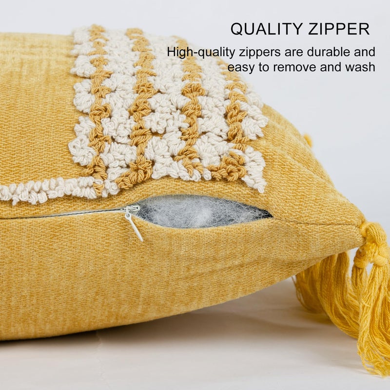 RinRinfam Mustard Yellow Boho Throw Pillow Cover 12x 20, Striped Tufted Neutral Cotton Pillow Cases,Farmhouse Rustic Bedroom Decor for Outdoor Couch Bedroom Car - Image 5