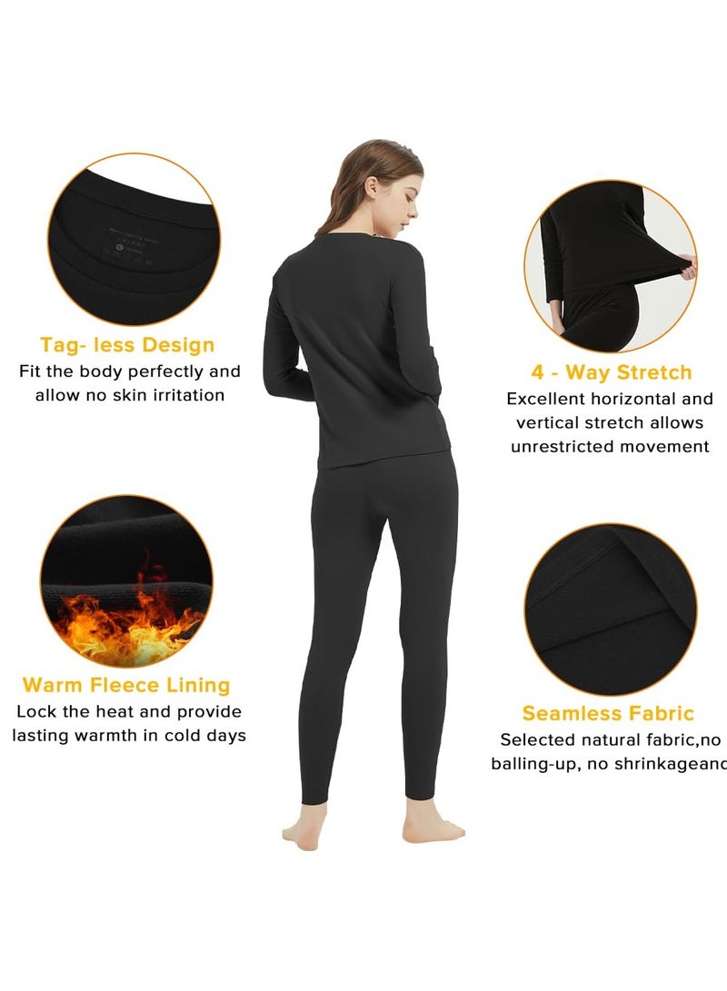 Yakiter Thermal Underwear for Women Fleece Lined Base Layer Pajama Set Cold Weather（Black） - Image 3