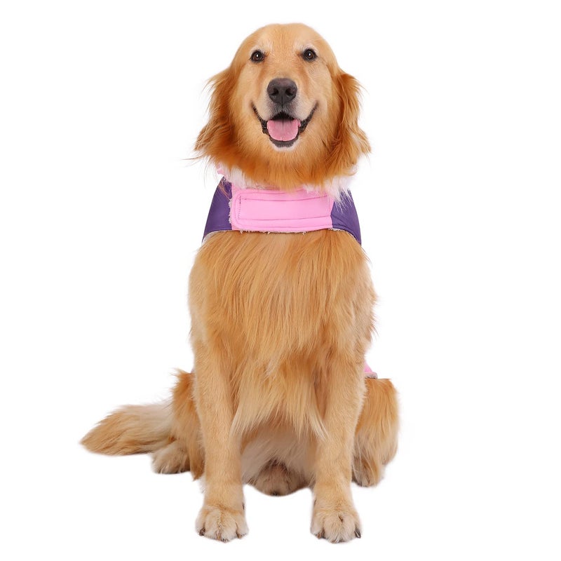 HDE Dog Puffer Jacket Fleece Lined Warm Dog Parka Winter Coat with Harness Hole Pink Stripe - XXL - Image 2