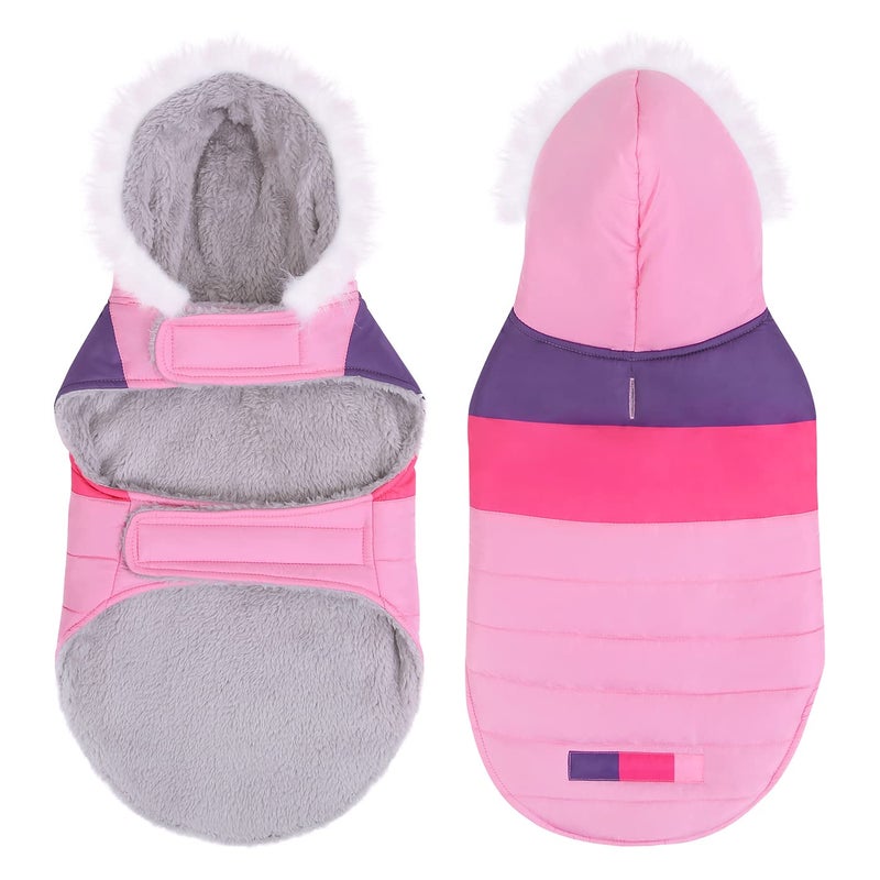HDE Dog Puffer Jacket Fleece Lined Warm Dog Parka Winter Coat with Harness Hole Pink Stripe - XXL - Image 3