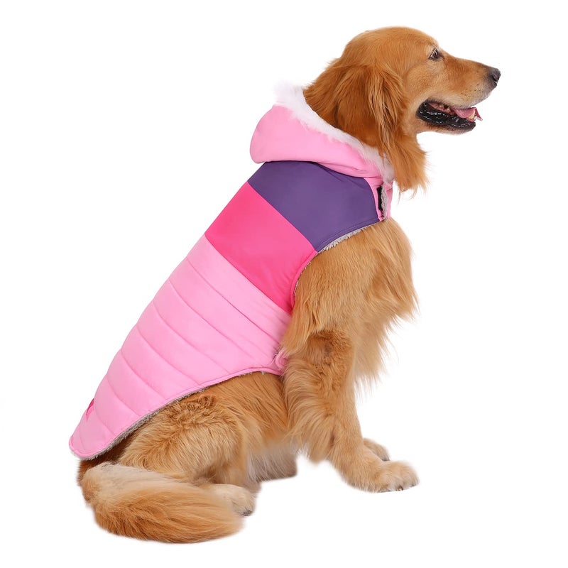 HDE Dog Puffer Jacket Fleece Lined Warm Dog Parka Winter Coat with Harness Hole Pink Stripe - XXL - Image 1