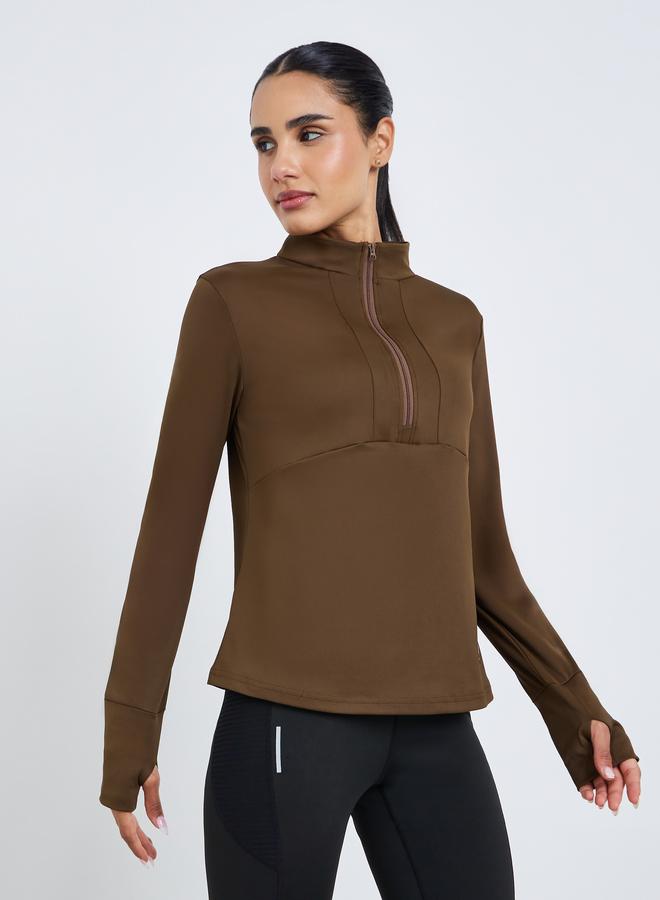 Styli Active Women Rubber Logo Half Zip Long Sleeve Top - Image 1