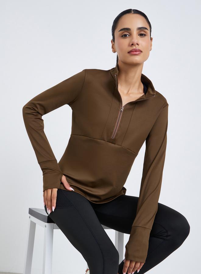 Styli Active Women Rubber Logo Half Zip Long Sleeve Top - Image 3