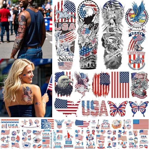 Aresvns Independence Day Temporary Tattoos,Fourth of July USA Flag Sleeve Tattoo,Red White and Blue Party Supplies, 4th of July Fun Tattoos, Memorial Day, Labor Day Decorations Patriotic Tattoos - Image 1