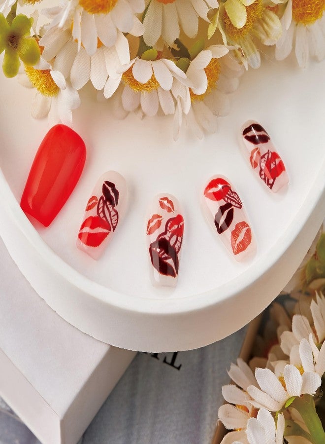WISHDIAM Press On Nails,Handmade,10pcs,Bright Red,Lip Pattern,Reusable Handmade Gel Nails,Custom Made,Thick Acrylic,Medium Trapezoid Nails,Stronger Fake Nails,Nail Art Gifts,Women/Girls(lips, M) - Image 3