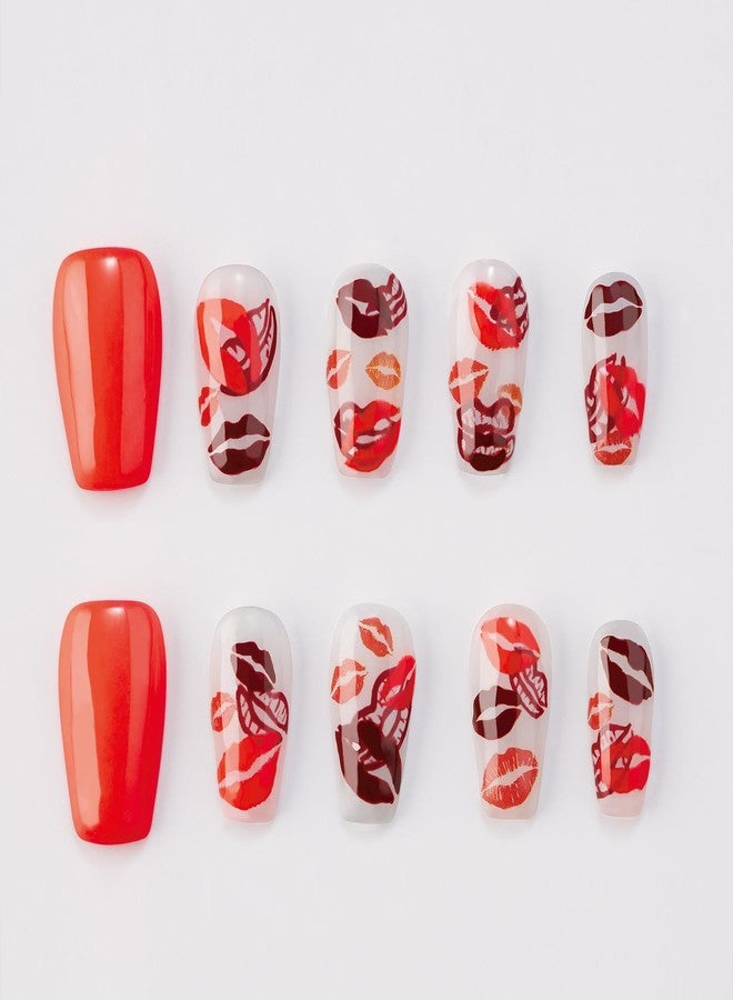 WISHDIAM Press On Nails,Handmade,10pcs,Bright Red,Lip Pattern,Reusable Handmade Gel Nails,Custom Made,Thick Acrylic,Medium Trapezoid Nails,Stronger Fake Nails,Nail Art Gifts,Women/Girls(lips, M) - Image 1
