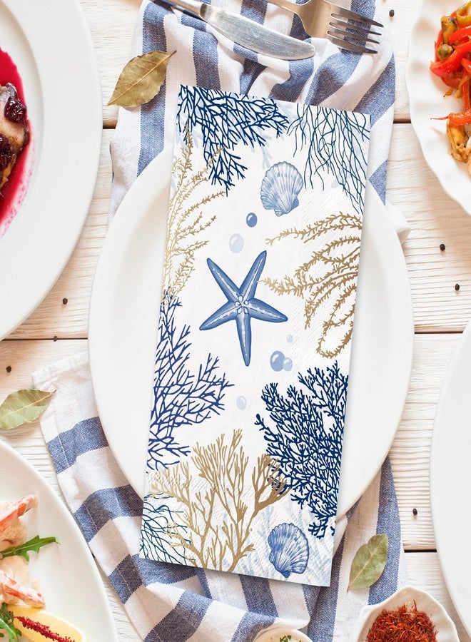 JarThenaAMCS 100Pcs Ocean Guest Napkins Gold Foil Blue Coral Starfish Disposable Napkins Coastal Beach Dinner Hand Towel Paper Napkins for Bathroom Wedding Baby Shower Party Table Decor - Image 3