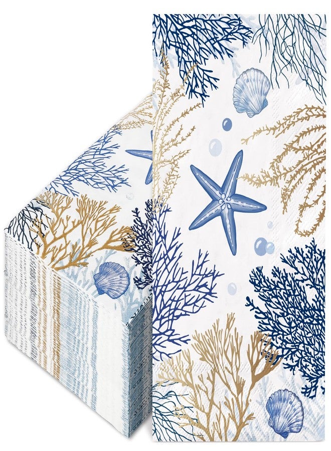 JarThenaAMCS 100Pcs Ocean Guest Napkins Gold Foil Blue Coral Starfish Disposable Napkins Coastal Beach Dinner Hand Towel Paper Napkins for Bathroom Wedding Baby Shower Party Table Decor - Image 1