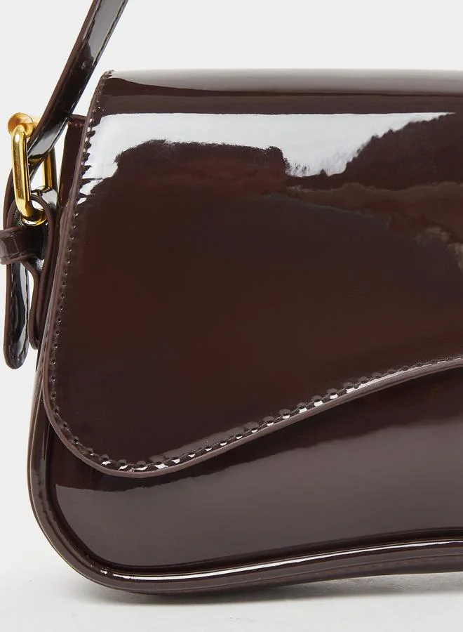 Styli Styli Brown Patent Baguette Bag with Asymmetric Flap