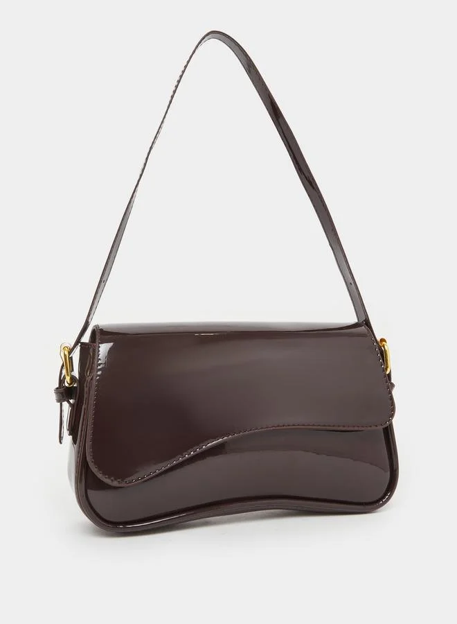 Styli Styli Brown Patent Baguette Bag with Asymmetric Flap