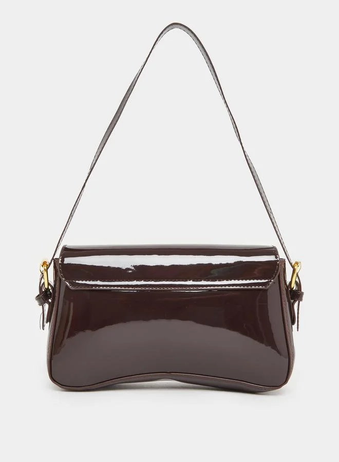 Styli Styli Brown Patent Baguette Bag with Asymmetric Flap