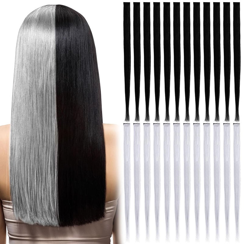 Colored 24 Pcs Halloween Hair Extensions 20 Inch HeatResistant Straight Hair Wig Rainbow Colorful Party Hairpieces for Independence Day Pride Month LGBT PartyBlack White