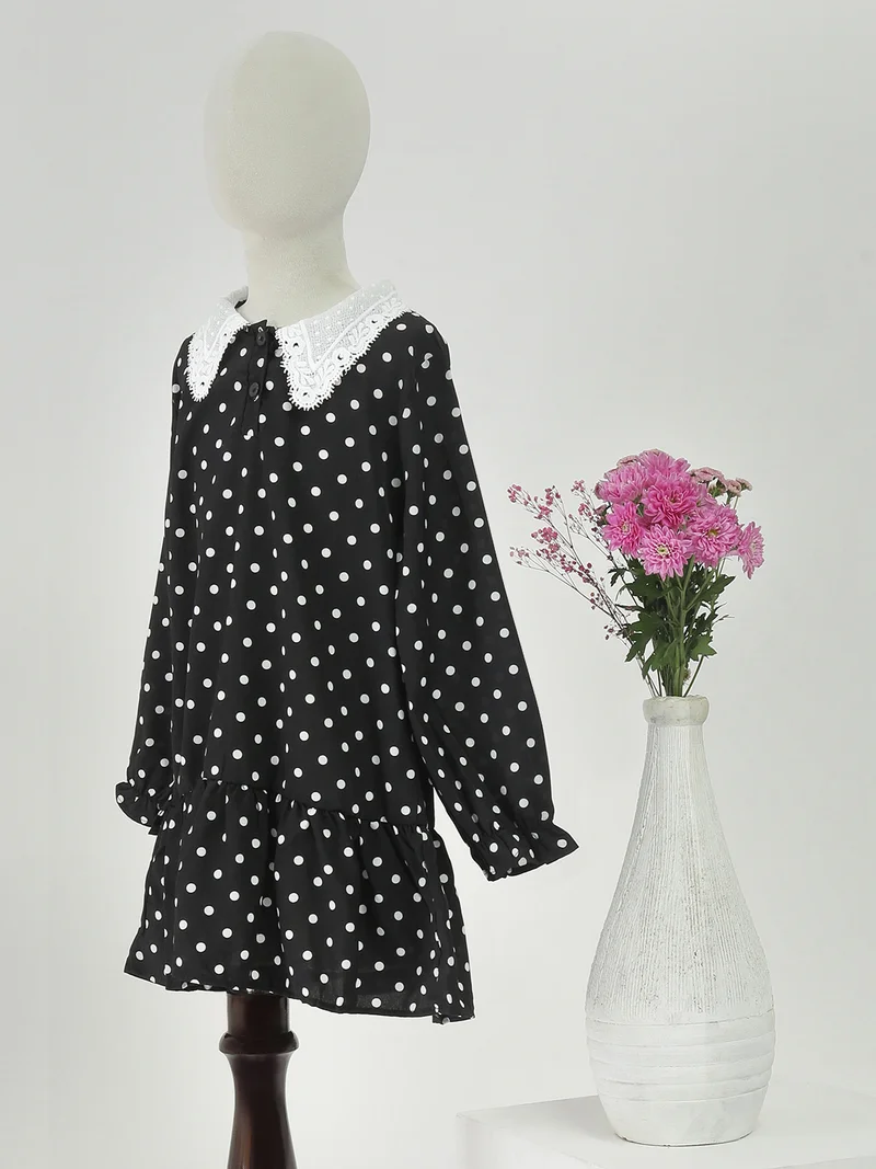 globus Globus Girls Black Polk Dots Collared Neck Lace Detail Bishop Sleeves Tiered A-Line Mini Party Dress