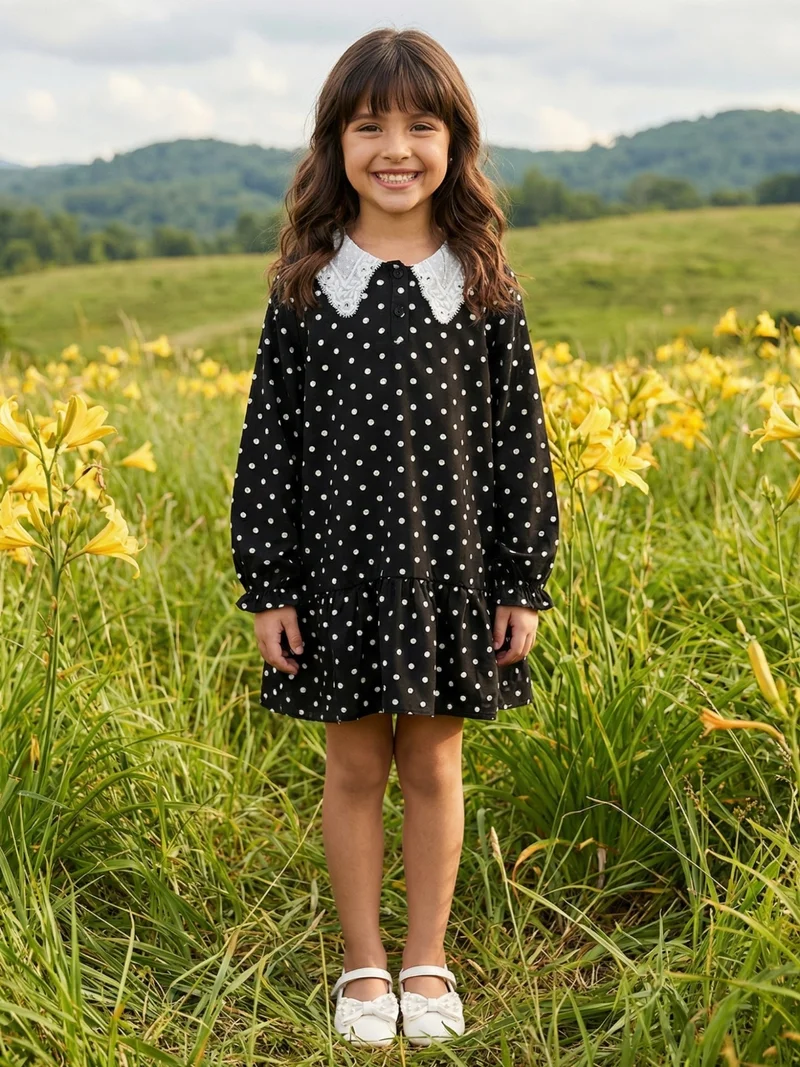 جلو باص Globus Girls Black Polk Dots Collared Neck Lace Detail Bishop Sleeves Tiered A-Line Mini Party Dress