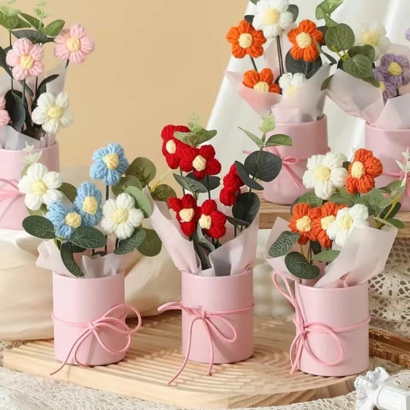 VRB Dec Artificial Crochet Flower Bouquet, Artificial Flowers Bunch, Gift for Girls, Home Decor, Gifting, etc, Pink Daisy Bouquet, 1 pcs - Image 4