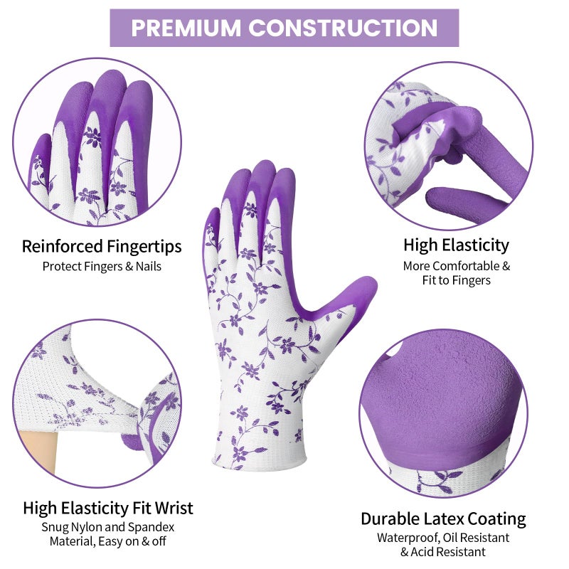 Pleneal Gardening Gloves for Women Men - 6 Pairs Breathable Garden Gloves with Grip, Printed Latex Coating Outdoor Working Gloves for Lawn Yard, Medium Size Fits Most - Image 4