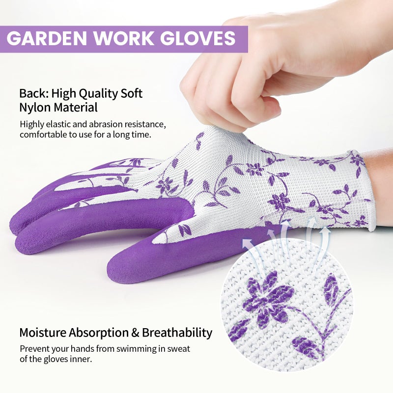 Pleneal Gardening Gloves for Women Men - 6 Pairs Breathable Garden Gloves with Grip, Printed Latex Coating Outdoor Working Gloves for Lawn Yard, Medium Size Fits Most - Image 5
