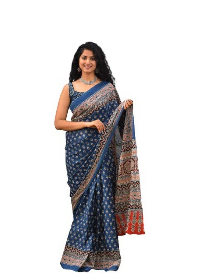Kiaaron Kiaaron Handicrafts Women's Ikat Hand Block Print Jaipuri Cotton Mulmul Saree With Blouse Piece - _Sh_308, Blue - Image 1