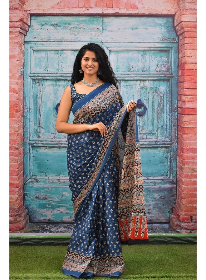 Kiaaron Kiaaron Handicrafts Women's Ikat Hand Block Print Jaipuri Cotton Mulmul Saree With Blouse Piece - _Sh_308, Blue - Image 2