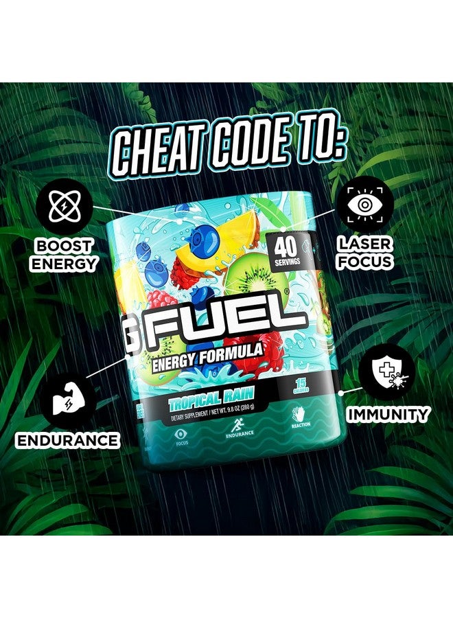 جي فيول مسحوق مشروب الطاقة G Fuel Tropical Rain، مزيج كافيين قبل التمرين للألعاب، خالٍ من السكر، تركيز أمينو، فيتامينات ومضادات أكسدة، 9.8 أونصة (مزيج فواكه، 40 حصة) - Image 3