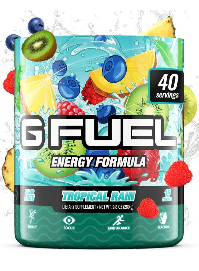 جي فيول مسحوق مشروب الطاقة G Fuel Tropical Rain، مزيج كافيين قبل التمرين للألعاب، خالٍ من السكر، تركيز أمينو، فيتامينات ومضادات أكسدة، 9.8 أونصة (مزيج فواكه، 40 حصة) - Image 1