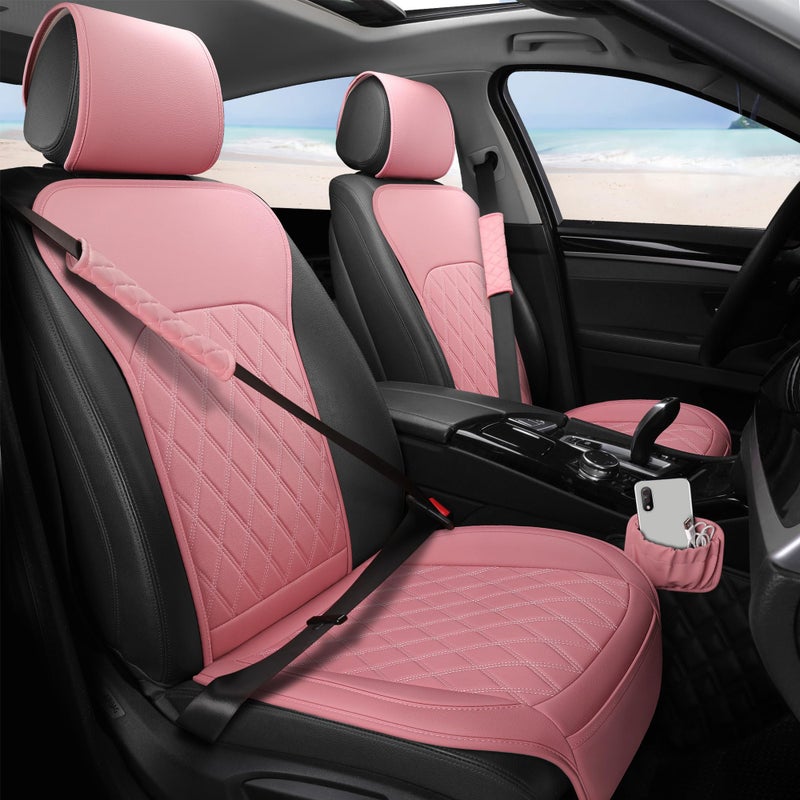 Sanwom Front Car Seat Covers - Leather Seat Covers with Storage Pocket and Two Belt Pads, Anti-Slip Waterproof Universal Seat Covers for Cars Fit Cars Trucks SUV(Pink,2 Pack) - Image 1