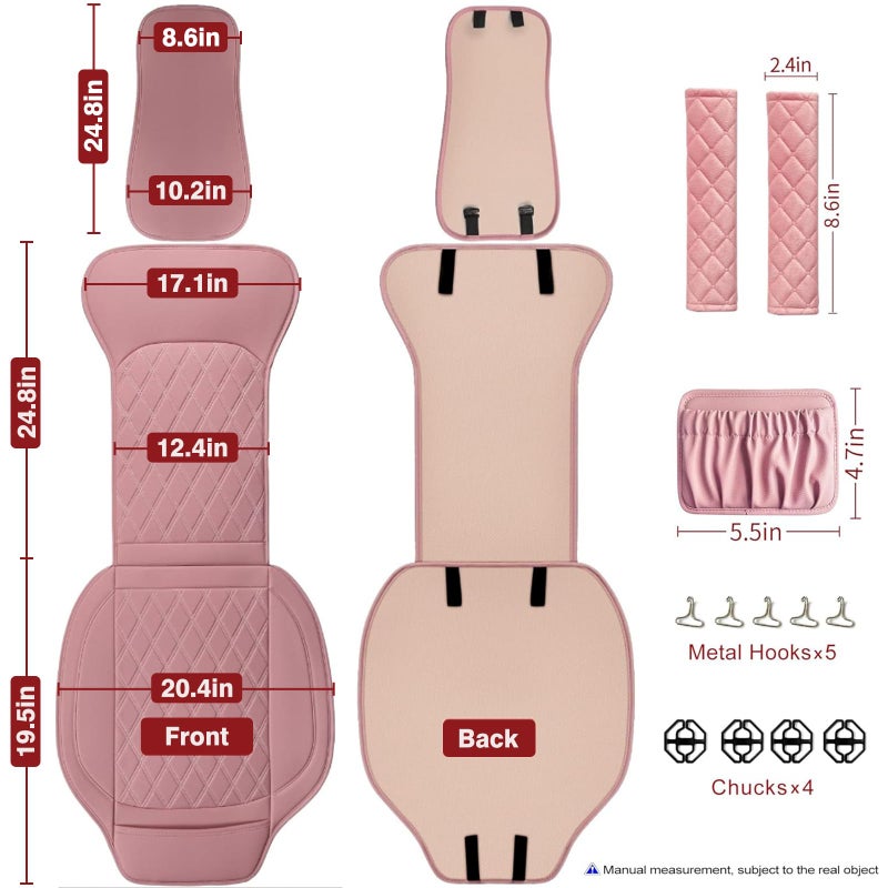Sanwom Front Car Seat Covers - Leather Seat Covers with Storage Pocket and Two Belt Pads, Anti-Slip Waterproof Universal Seat Covers for Cars Fit Cars Trucks SUV(Pink,2 Pack) - Image 2