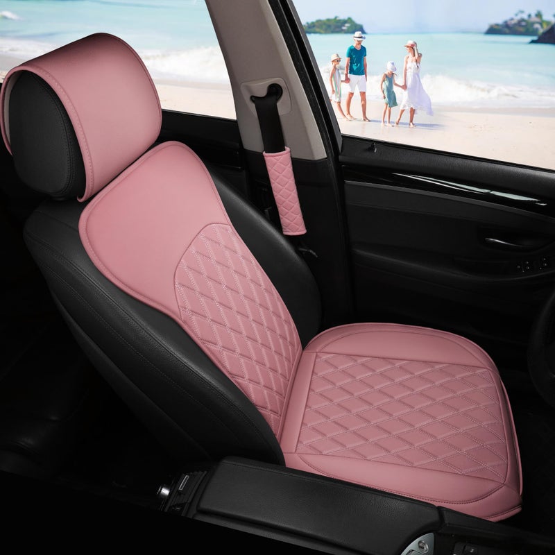 Sanwom Front Car Seat Covers - Leather Seat Covers with Storage Pocket and Two Belt Pads, Anti-Slip Waterproof Universal Seat Covers for Cars Fit Cars Trucks SUV(Pink,2 Pack) - Image 5