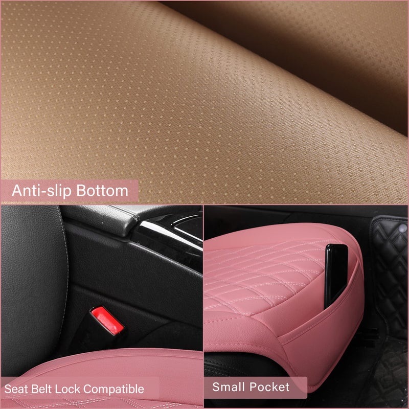 Sanwom Front Car Seat Covers - Leather Seat Covers with Storage Pocket and Two Belt Pads, Anti-Slip Waterproof Universal Seat Covers for Cars Fit Cars Trucks SUV(Pink,2 Pack) - Image 3