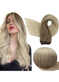 Full Shine Brown To Blonde Hair Extensions 18 Inch Sew In Human Hair Extensions Ash Brown Ombre 60 Platinum Blonde Weft Hair Extensions 100 Grams Weave In Extensions Blonde Bundles  - Image 2