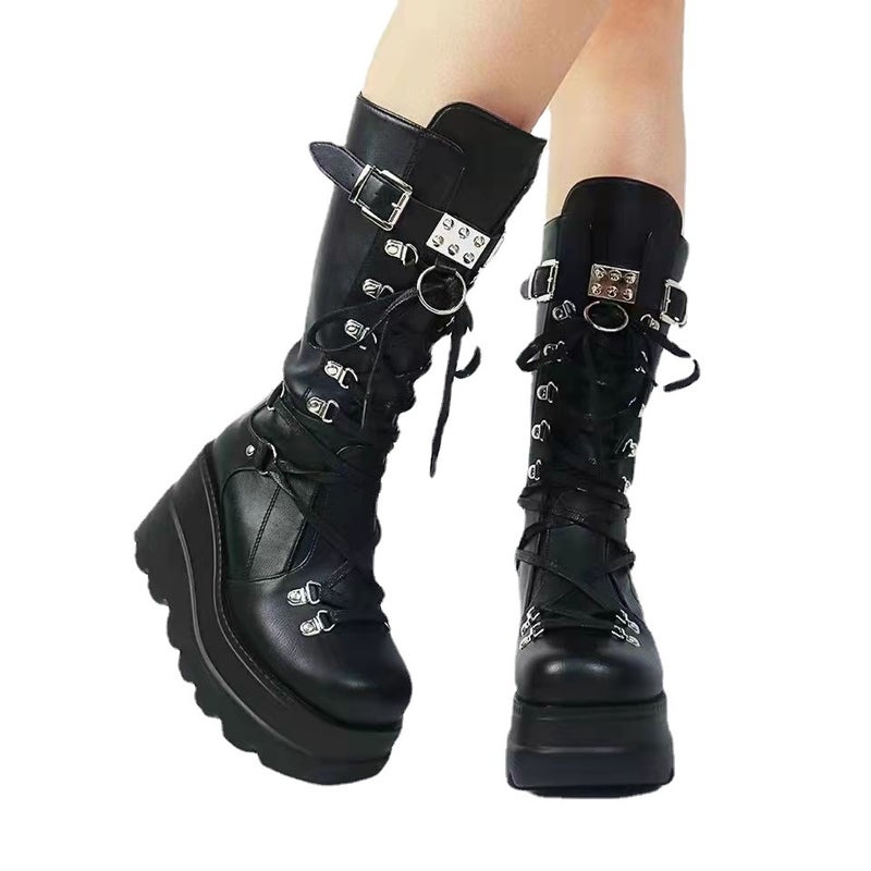 Wedge Martin Boots Women''s 2022 Autumn and Winter New and Large Size Punk Style Handsome Middle Boots Women - Image 3