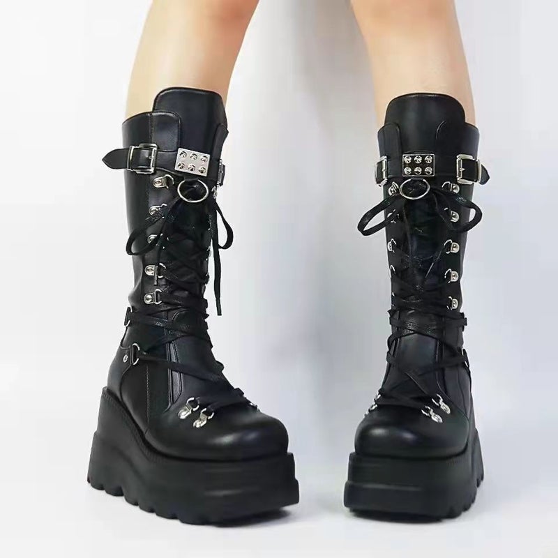 Wedge Martin Boots Women''s 2022 Autumn and Winter New and Large Size Punk Style Handsome Middle Boots Women - Image 2