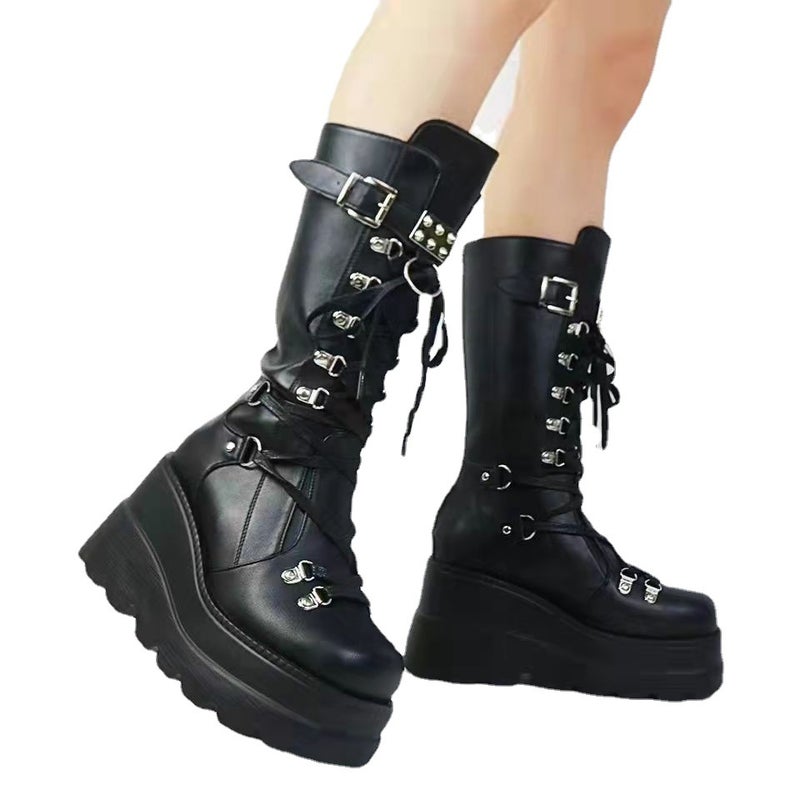 Wedge Martin Boots Women''s 2022 Autumn and Winter New and Large Size Punk Style Handsome Middle Boots Women - Image 4