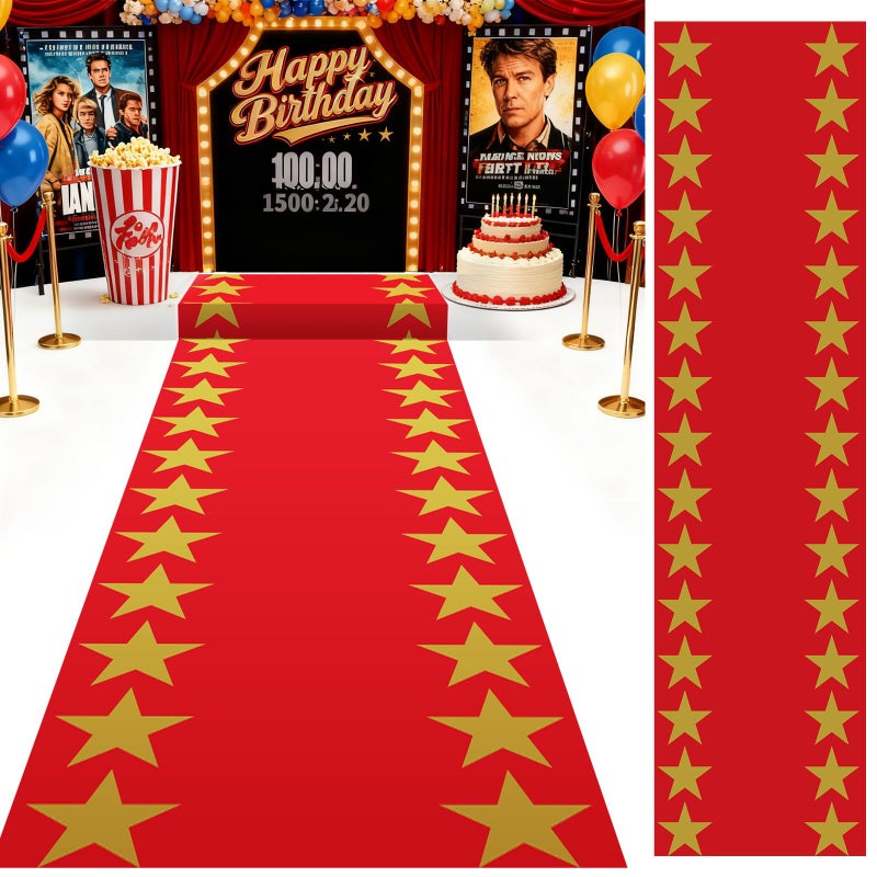 Woanger Plastic Movie Night Runner with Gold Star 30 Î¼m Thickness Runner Rug Red Carpet Decor for Aisle Floor Runway Stage Stair Hallway Movie Theme Birthday Wedding Prom Party(3.3 x 50 Ft,Classic) - Image 1