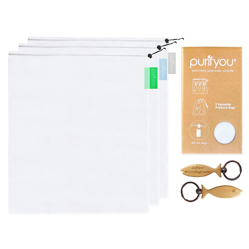 purifyou Set of 3 Premium Reusable Produce Bags - Large (12x14) Farmers Market Bags Washable Shopping Bags gift Bags Storage for Fruits Vegetables Toys groceries Kitchen and Home Organizer