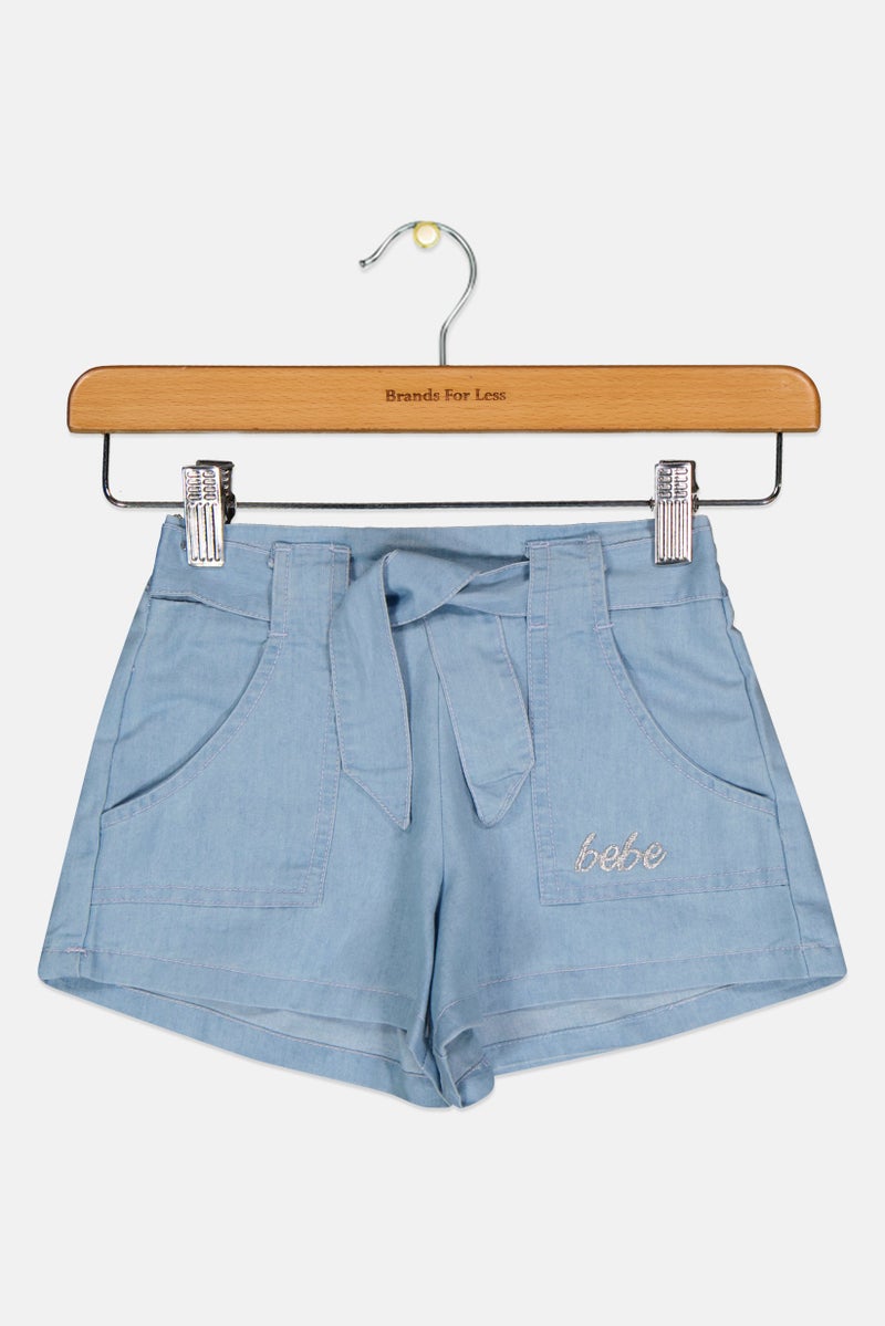 bebe Toddlers Girl Embroidered Logo Basic Shorts, Denim Blue - Image 2