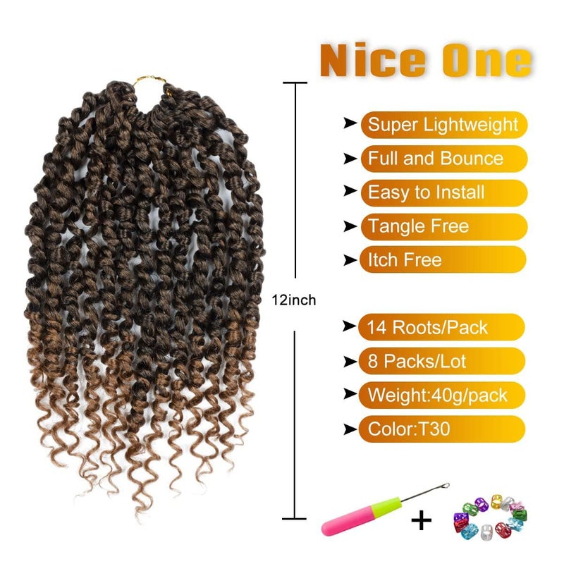 Nice One Pre-Twisted Passion Twist Hair 12 Inch, 112 Strands Short Passion Twist Crochet Hair for Women 8 Packs Ombre Brown Pre-Looped Passion Twists Braiding Synthetic Hair Extensions (12inch,T30#) - Image 3