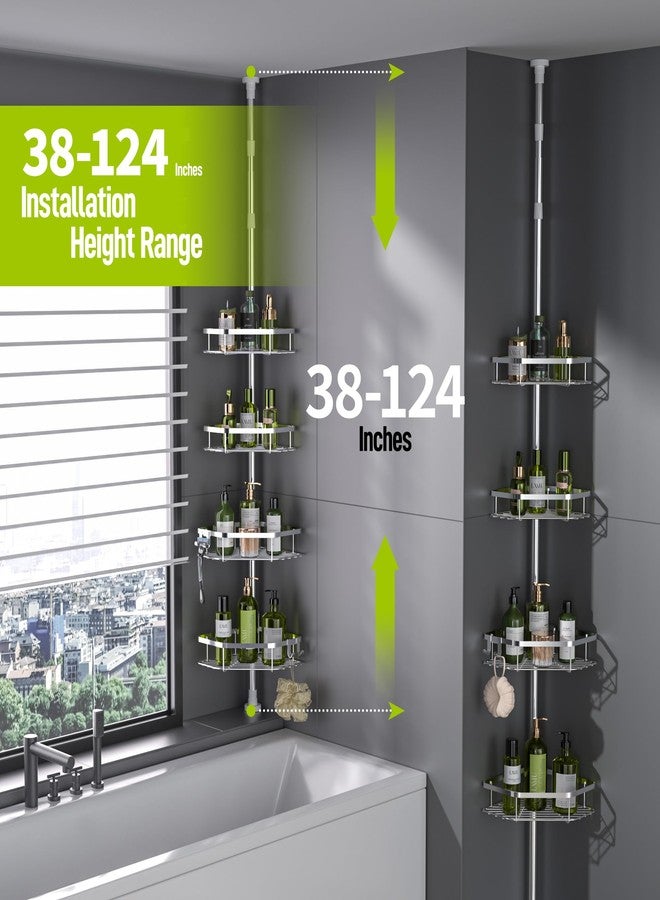 LAMU Corner Shower Caddy Tension Pole, Stainless Steel Shower Organizer, Strong Spring, 4 Adhesive Pads, 2.4" Non-Slip Grid Base, Adjustable 4-Tier Basket, 4 Hooks, Fits Heights 37.8-124", Silver - Image 2