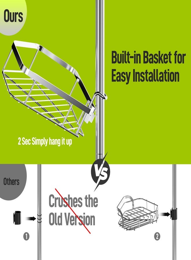 LAMU Corner Shower Caddy Tension Pole, Stainless Steel Shower Organizer, Strong Spring, 4 Adhesive Pads, 2.4" Non-Slip Grid Base, Adjustable 4-Tier Basket, 4 Hooks, Fits Heights 37.8-124", Silver - Image 4