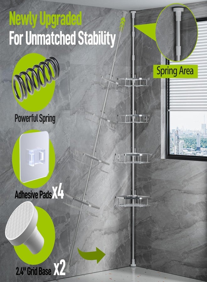 LAMU Corner Shower Caddy Tension Pole, Stainless Steel Shower Organizer, Strong Spring, 4 Adhesive Pads, 2.4" Non-Slip Grid Base, Adjustable 4-Tier Basket, 4 Hooks, Fits Heights 37.8-124", Silver - Image 3