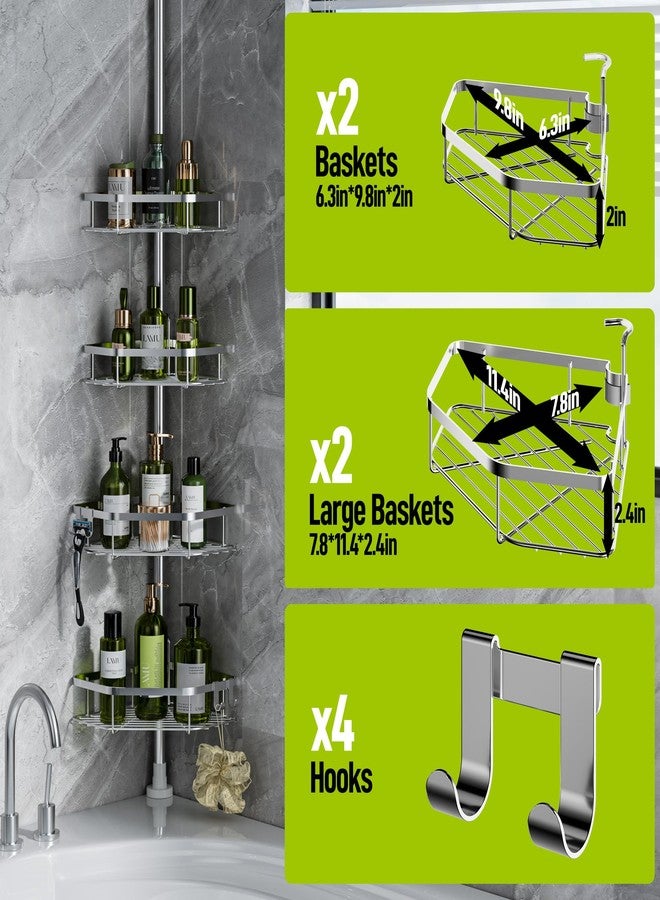 LAMU Corner Shower Caddy Tension Pole, Stainless Steel Shower Organizer, Strong Spring, 4 Adhesive Pads, 2.4" Non-Slip Grid Base, Adjustable 4-Tier Basket, 4 Hooks, Fits Heights 37.8-124", Silver - Image 5