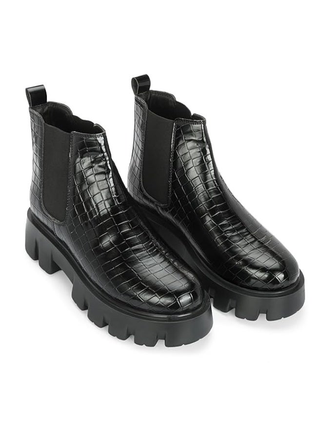 NOAK HANDCRAFTED GLOSSY BLACK CHUNKY CHELSEA BOOT WITH CROCO EMBOSSED|Black|7UK - Image 3