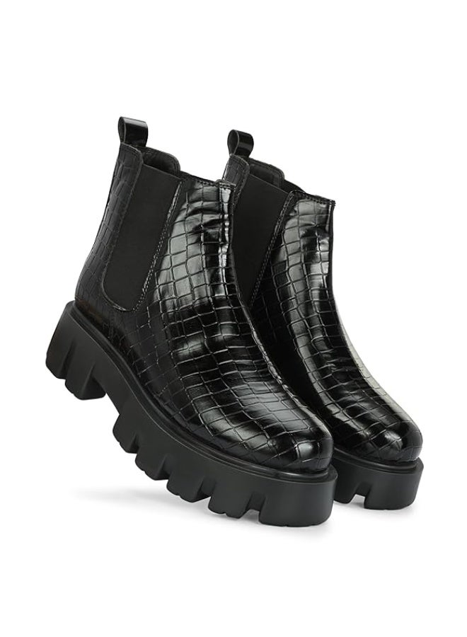 NOAK HANDCRAFTED GLOSSY BLACK CHUNKY CHELSEA BOOT WITH CROCO EMBOSSED|Black|7UK - Image 1
