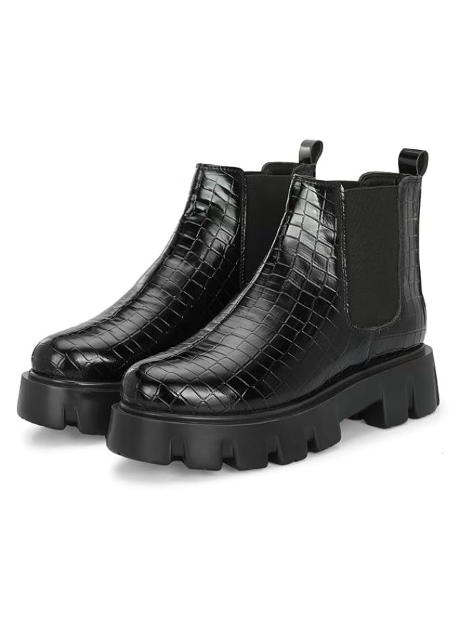 NOAK HANDCRAFTED GLOSSY BLACK CHUNKY CHELSEA BOOT WITH CROCO EMBOSSED|Black|7UK - Image 4