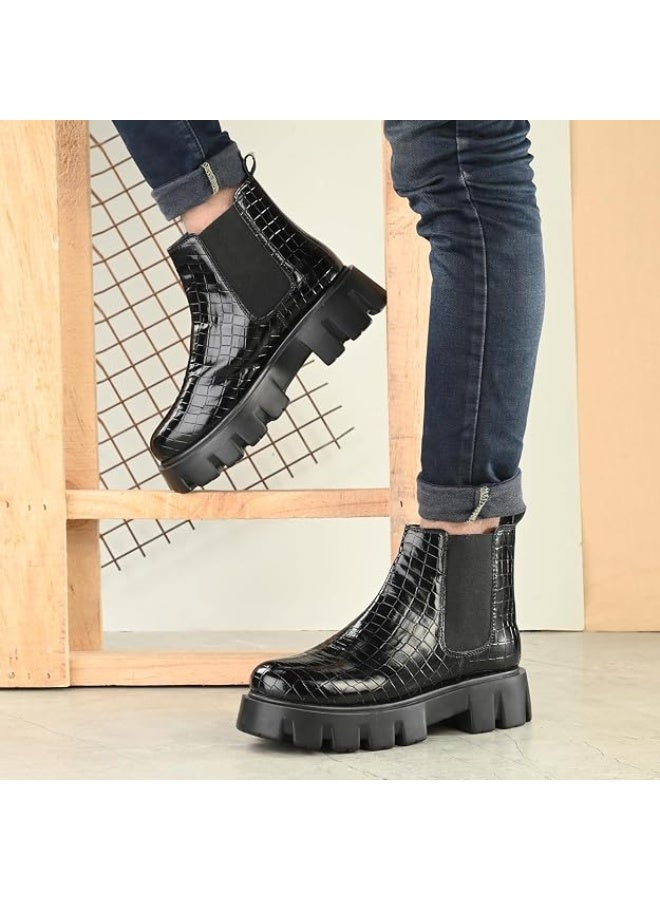 NOAK HANDCRAFTED GLOSSY BLACK CHUNKY CHELSEA BOOT WITH CROCO EMBOSSED|Black|7UK - Image 2
