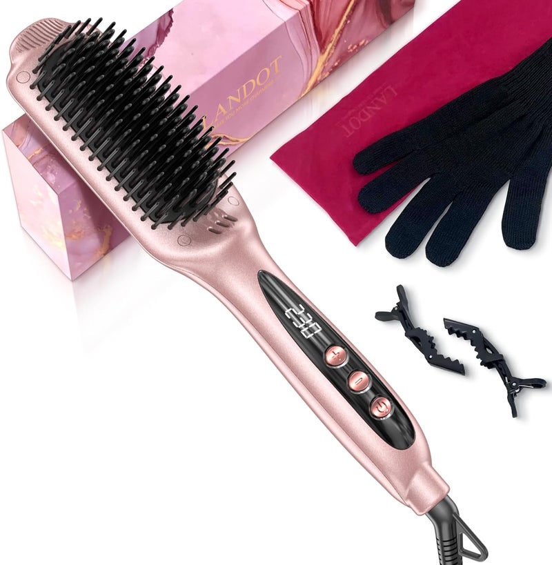 LANDOT Hair Straightener Brush Heated Straightening Brush: Rose Gold Negative Ion Hot Hair Brush for Smooth Frizz Free Hair - Ceramic Flat Iron Brush - Dual Voltage Fast Heating - Image 1