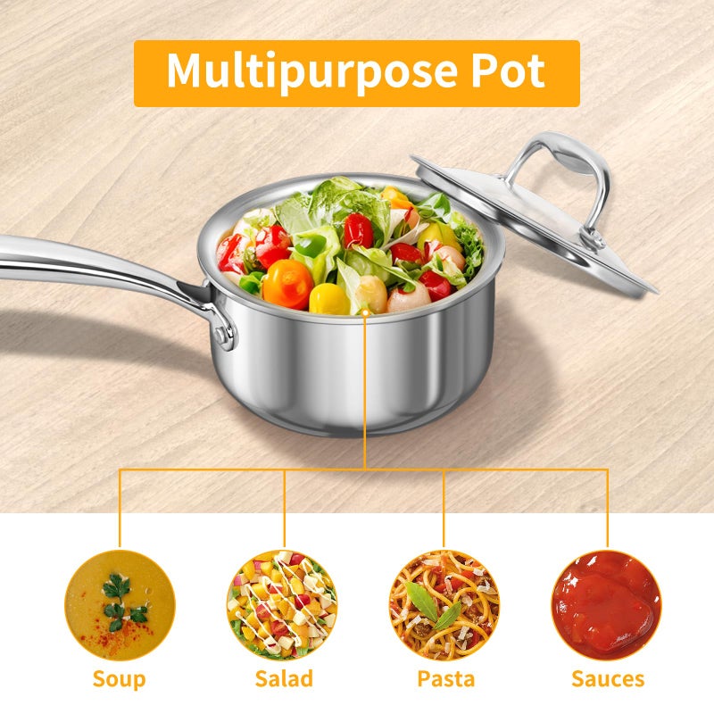 Macevia Sauce Pan With Glass Lid  Stainless Steel Pot With Stay-Cool Handle  Multipurpose Use For Home Kitchen Or Restaurant-Silver(1 Quart) - Image 5