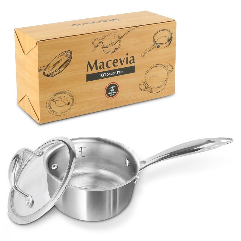 Macevia Sauce Pan With Glass Lid  Stainless Steel Pot With Stay-Cool Handle  Multipurpose Use For Home Kitchen Or Restaurant-Silver(1 Quart) - Image 1